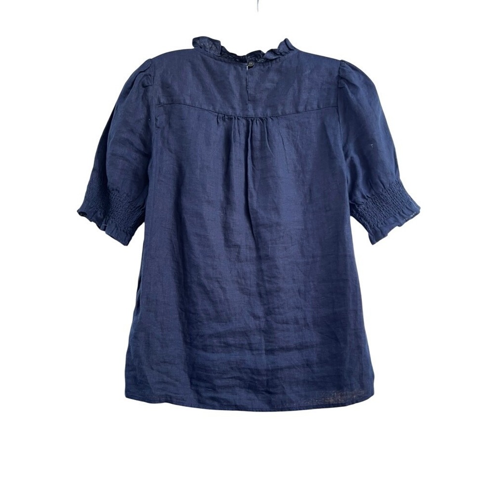 J.Crew‎ Navy Linen Ruffle Neck Puff Sleeve Smocked Blouse Top AY671 XXS - Picture 7 of 7